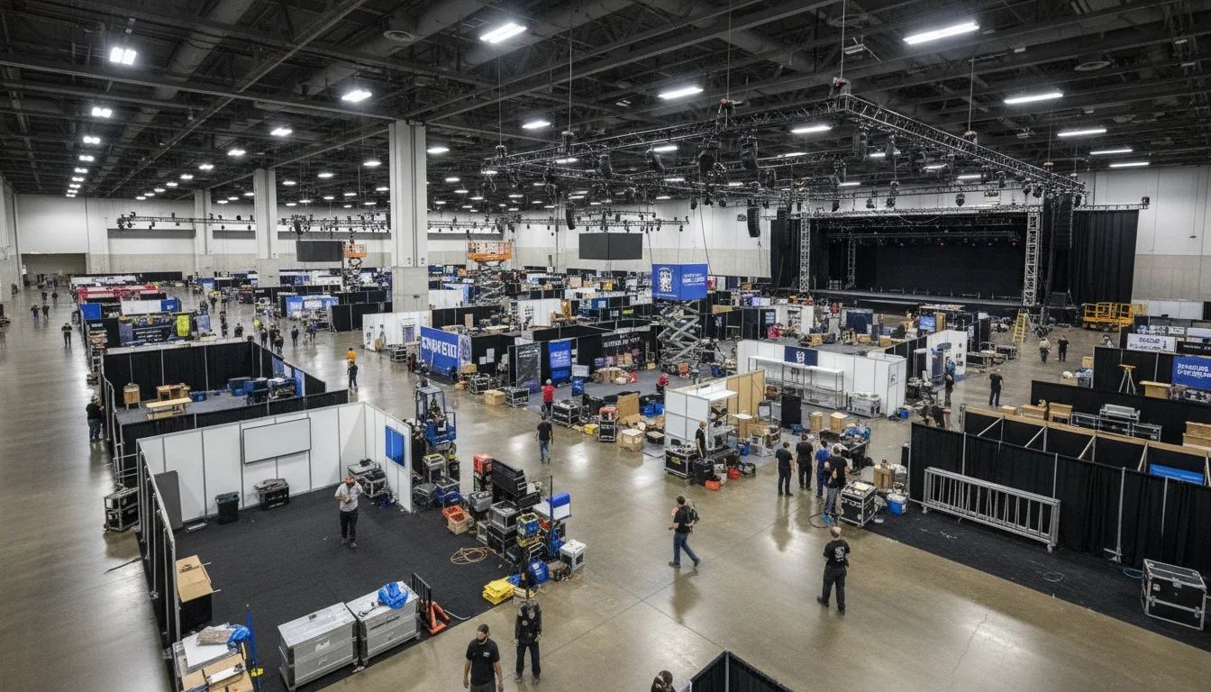 production assistants working during convention hall setup with multiple exhibit booths and AV staging
