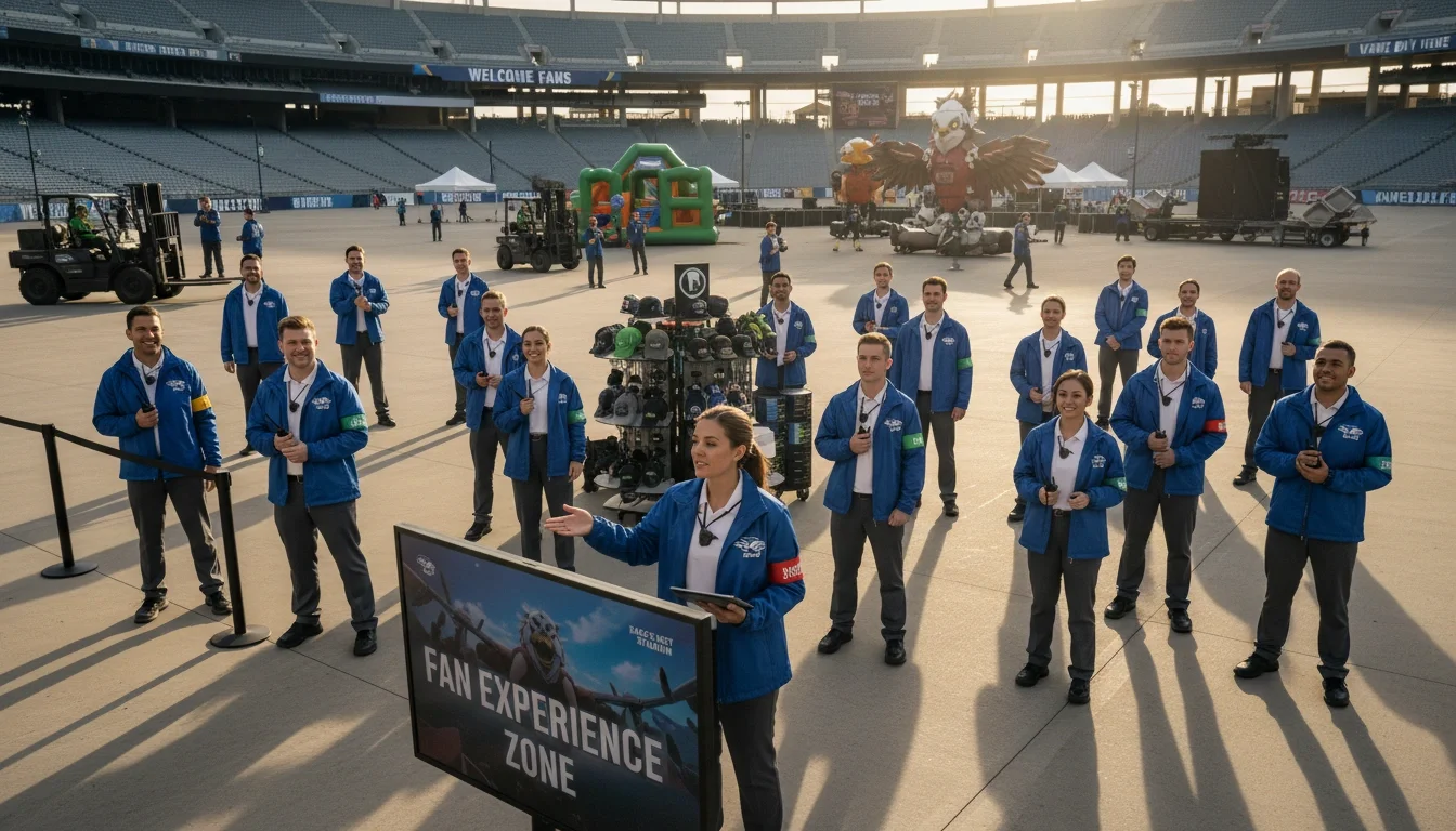 A well-briefed team of event staff at a stadium activation — every role has a purpose, and every person is prepared