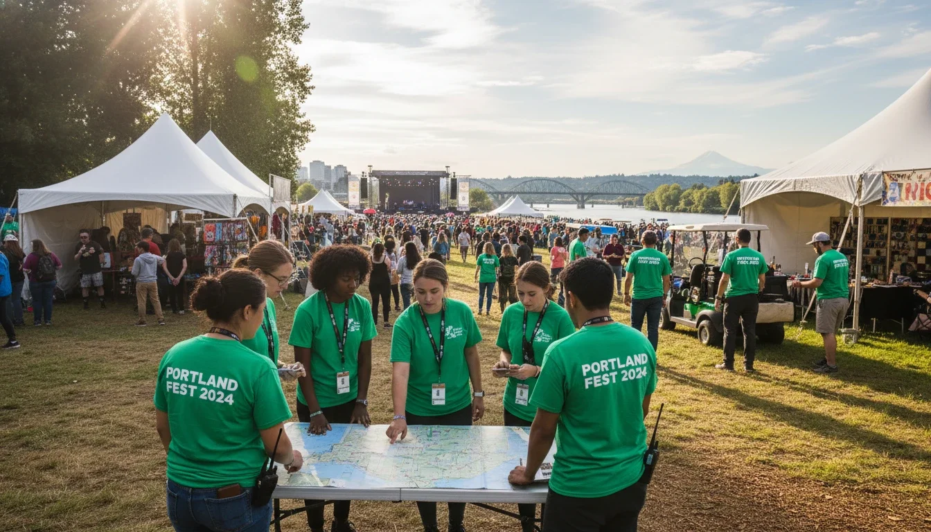 Event staff managing operations at Portland outdoor festival