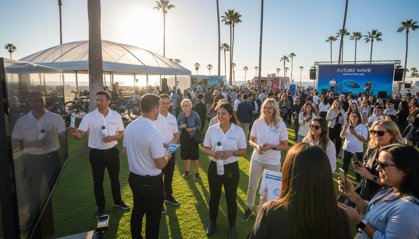 Professional promotional staff engaging guests at an outdoor product launch in Southern California