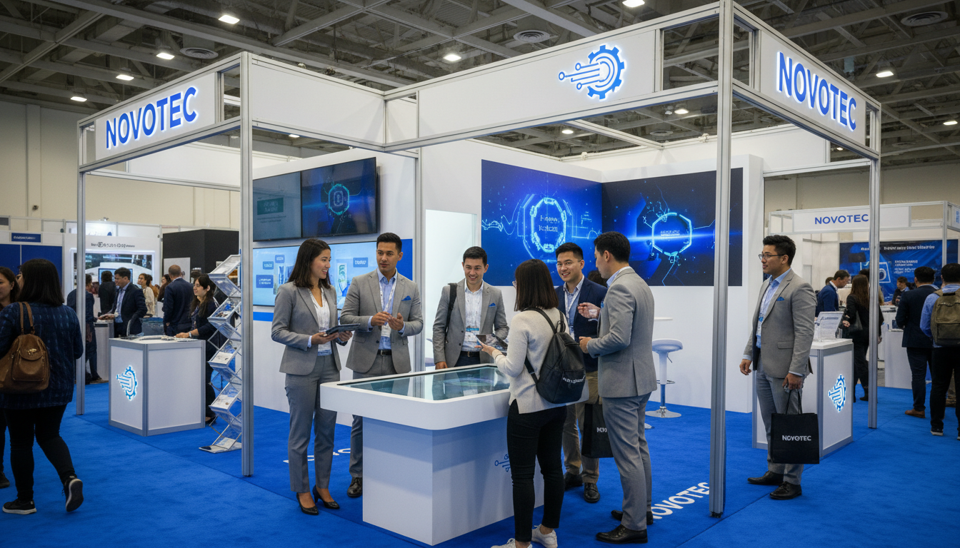 Professional brand ambassadors engaging convention attendees at a well-designed branded activation booth