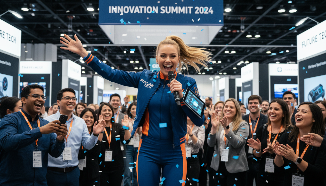 A smiling, high-energy brand ambassador engaging enthusiastically with convention attendees