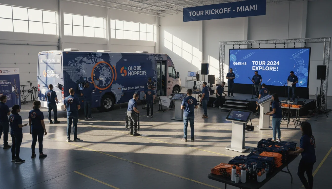 A branded activation staff team preparing for a multi-city tour kickoff