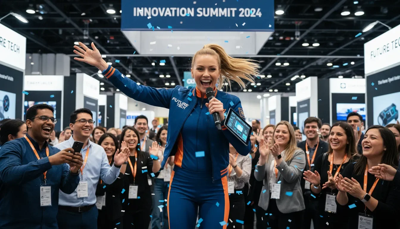 A smiling, high-energy brand ambassador engaging enthusiastically with convention attendees