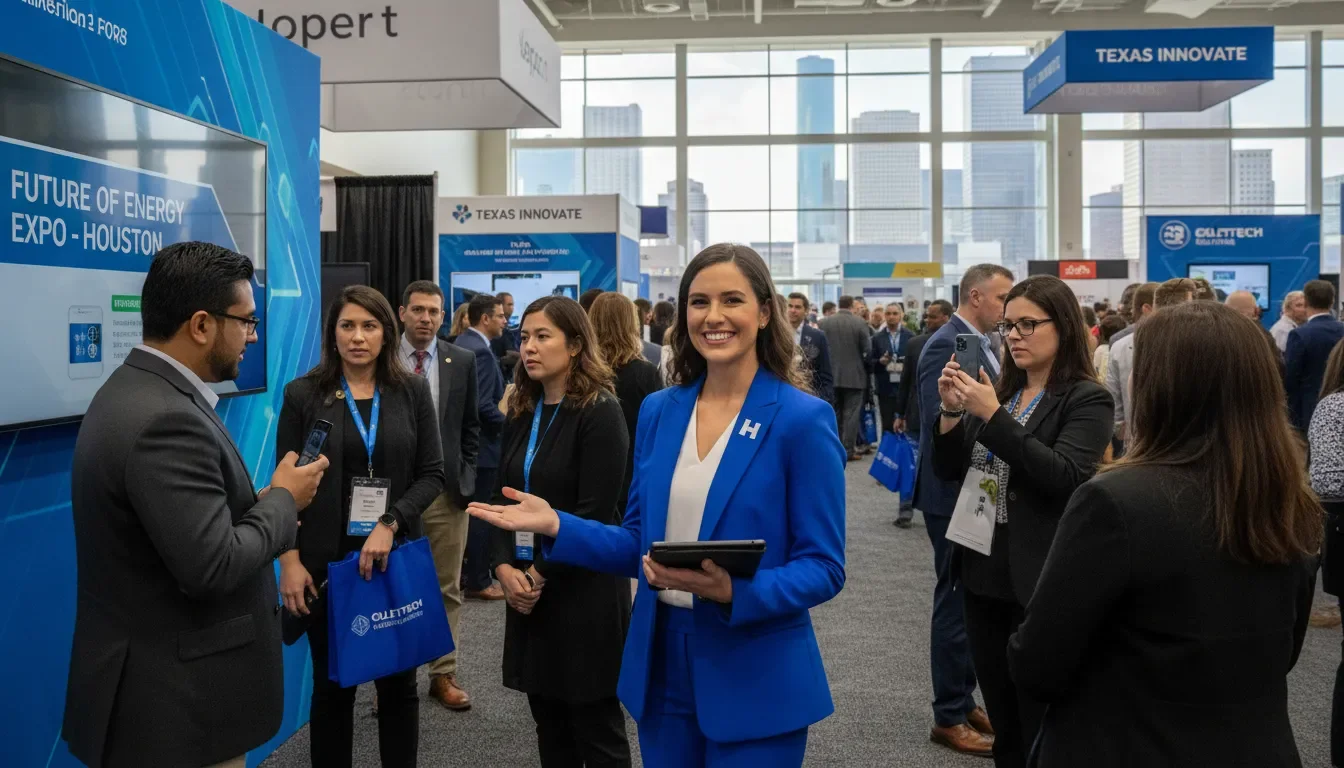 A professional brand ambassador engaging with convention attendees at a large Houston event