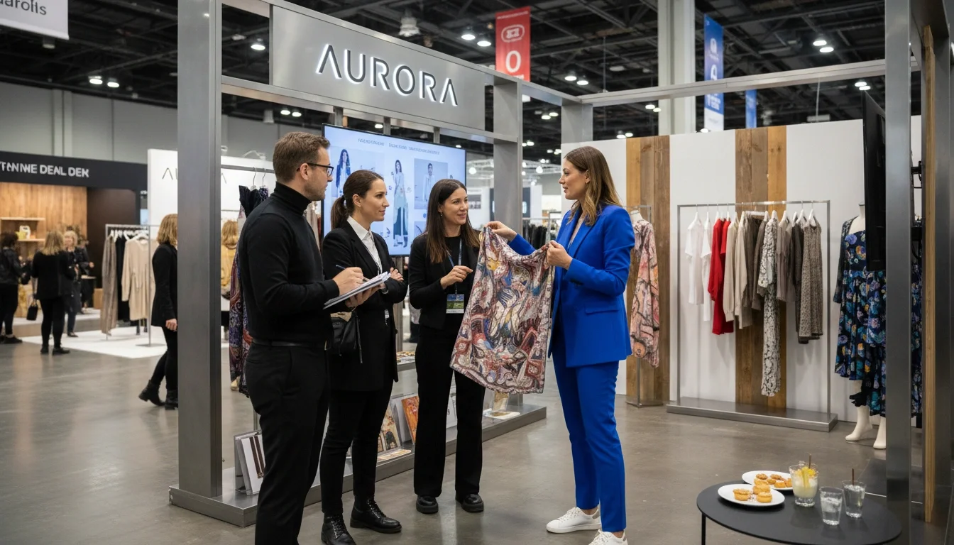 Brand ambassador engaging with fashion buyers at a trade show booth