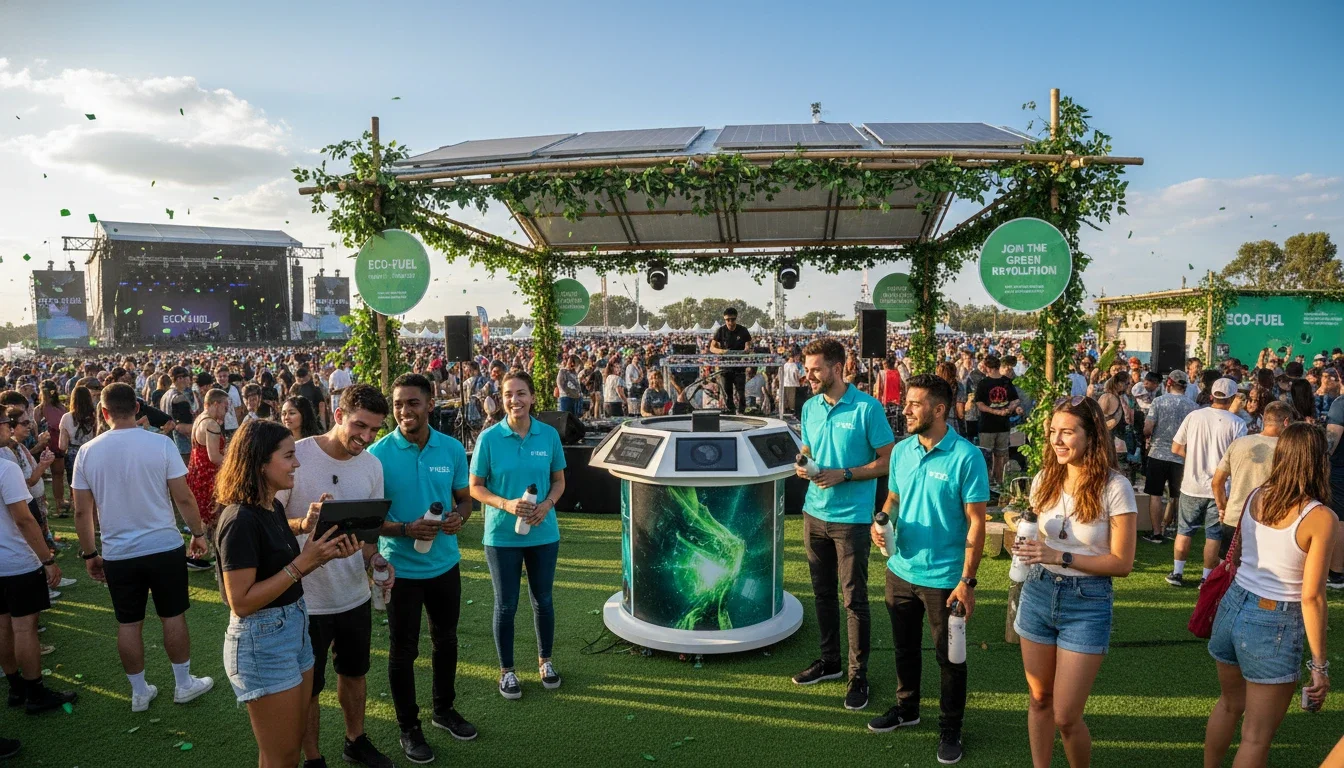 Professional brand ambassadors engaging festival attendees at an outdoor brand activation