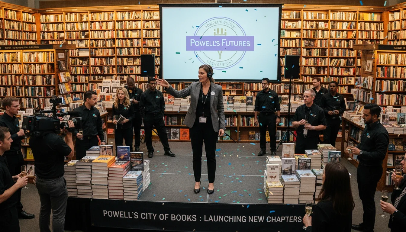 Event supervisor coordinating professional team at Powell's City of Books corporate event launch