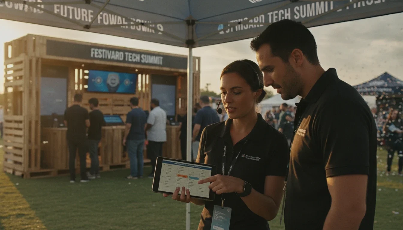 Two professional event staff reviewing a shift rotation schedule on a tablet at an outdoor activation booth