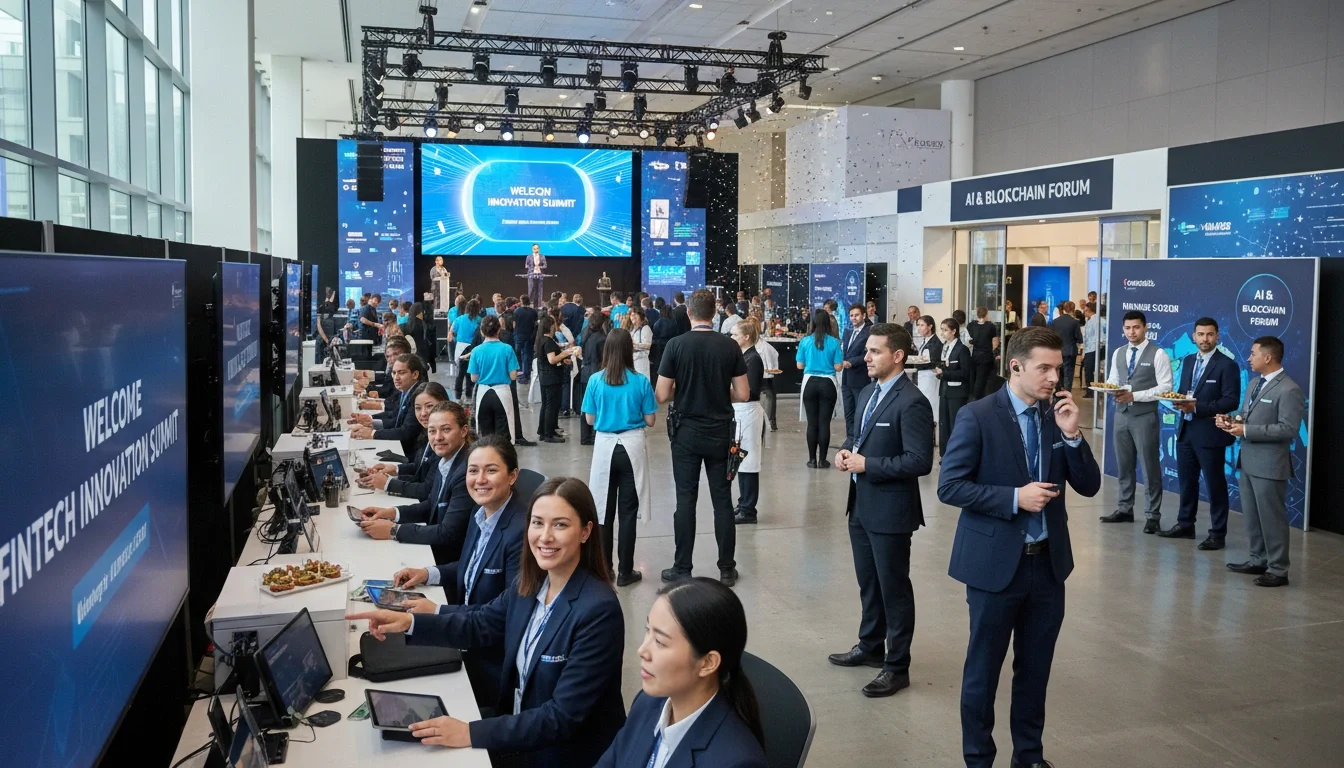 Various types of professional event staff working different roles at a large fintech convention