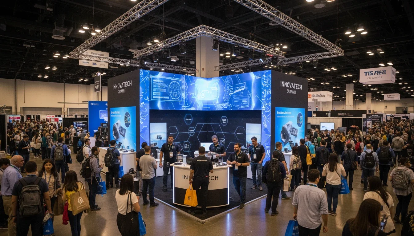 Event staff working at a large convention booth during peak traffic hours