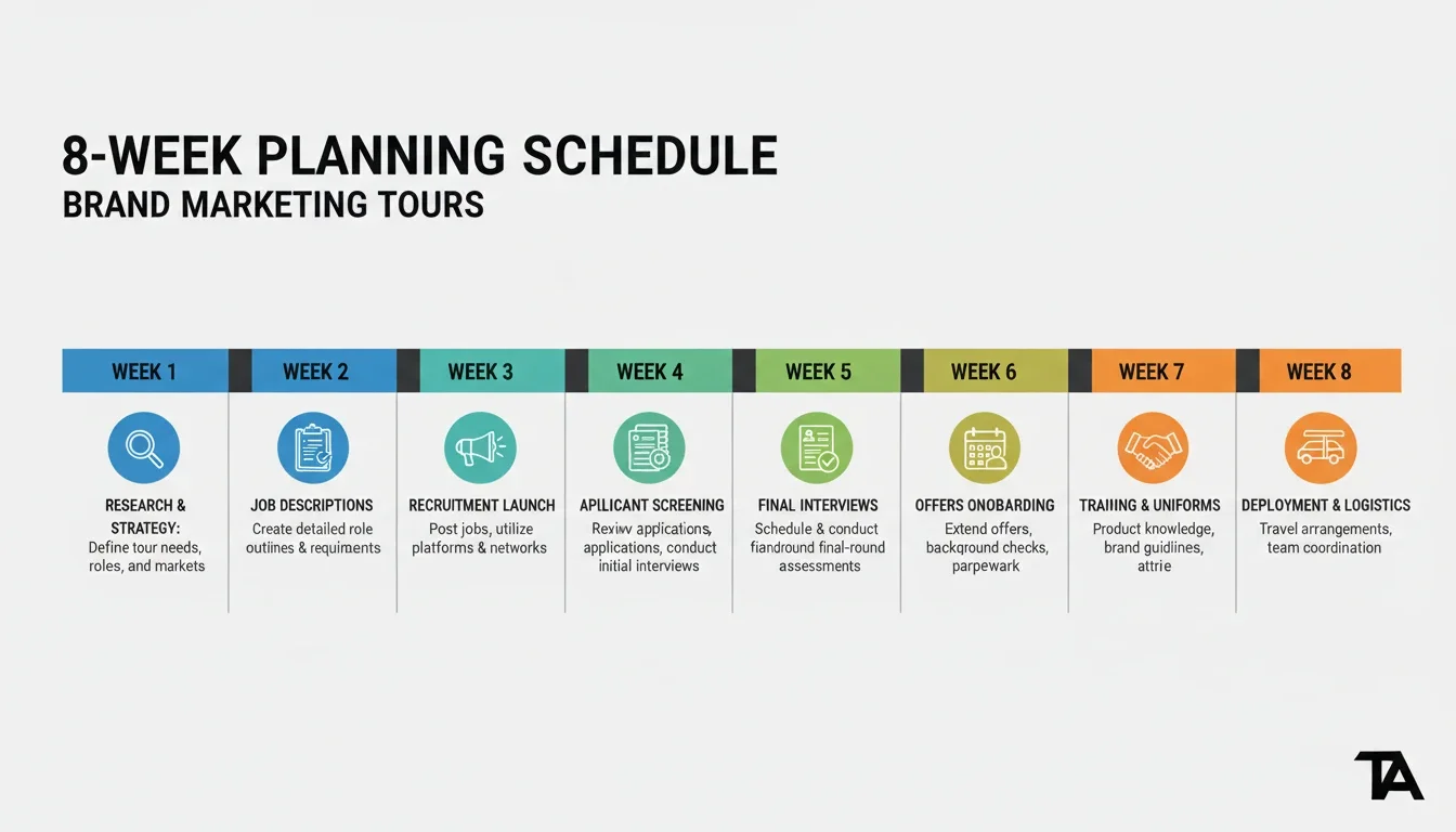 Tour activation staffing timeline infographic showing 8-week planning schedule for brand marketing tours