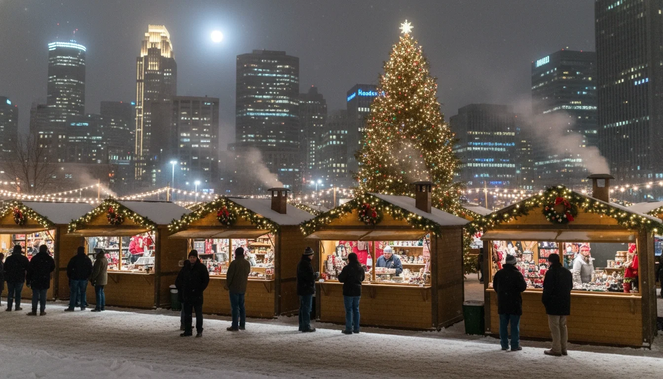 Minneapolis Christkindl Market illuminated at night with wooden vendor stalls