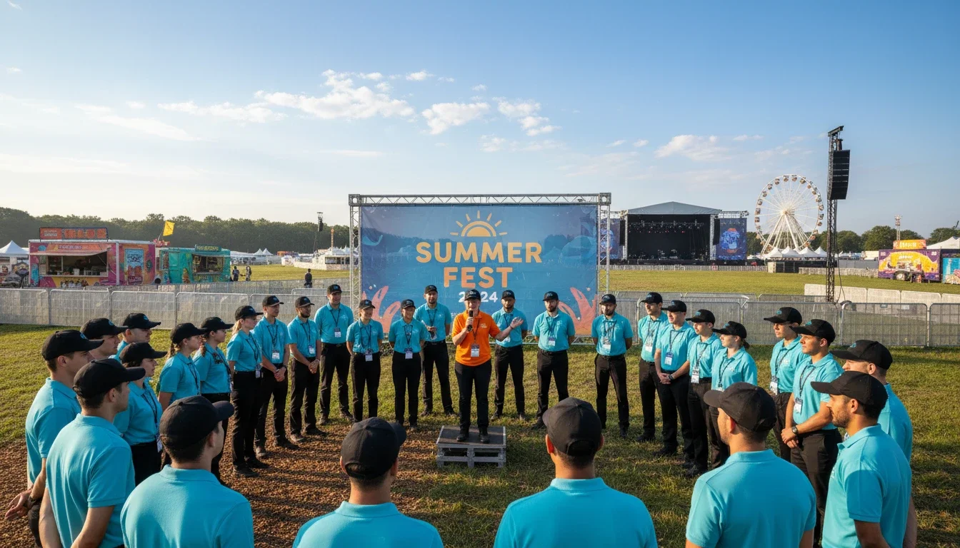 Event staffing team briefing before a large outdoor event