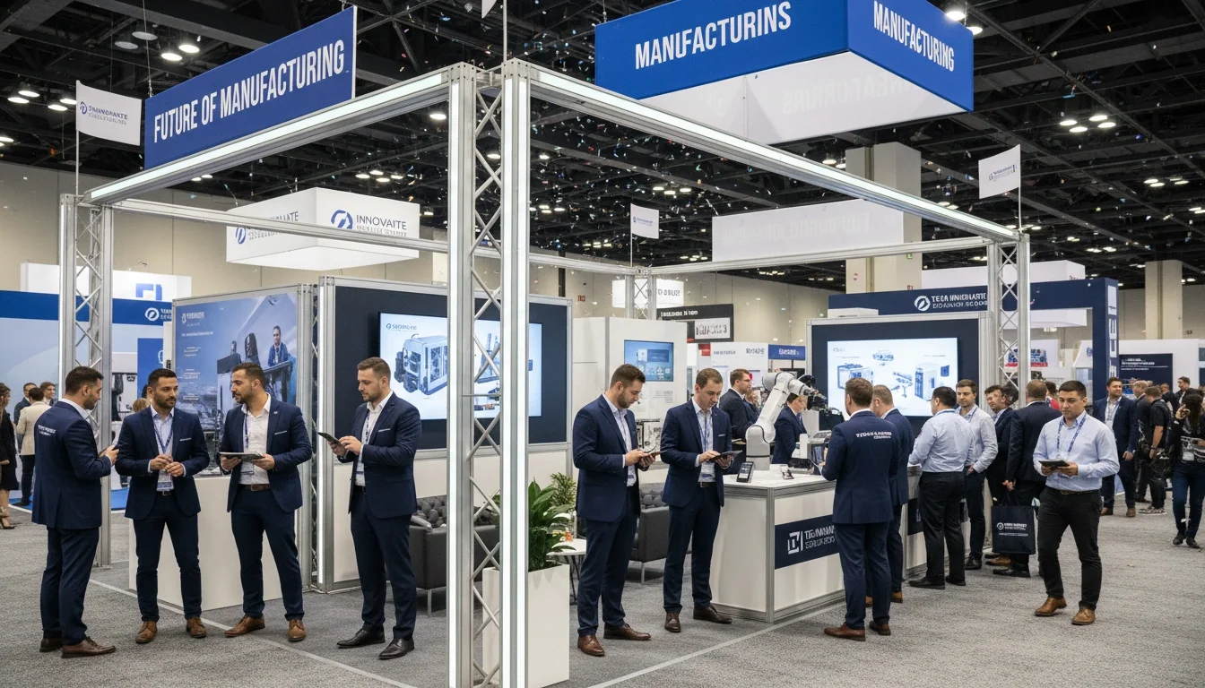 A well-staffed trade show booth draws a steady stream of qualified visitors on a busy convention floor