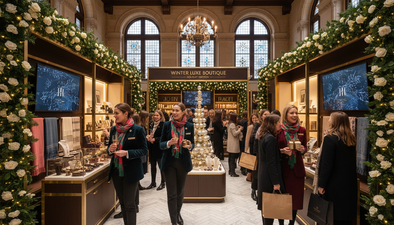 Brand ambassadors engaging customers at a high-end holiday pop-up retail activation