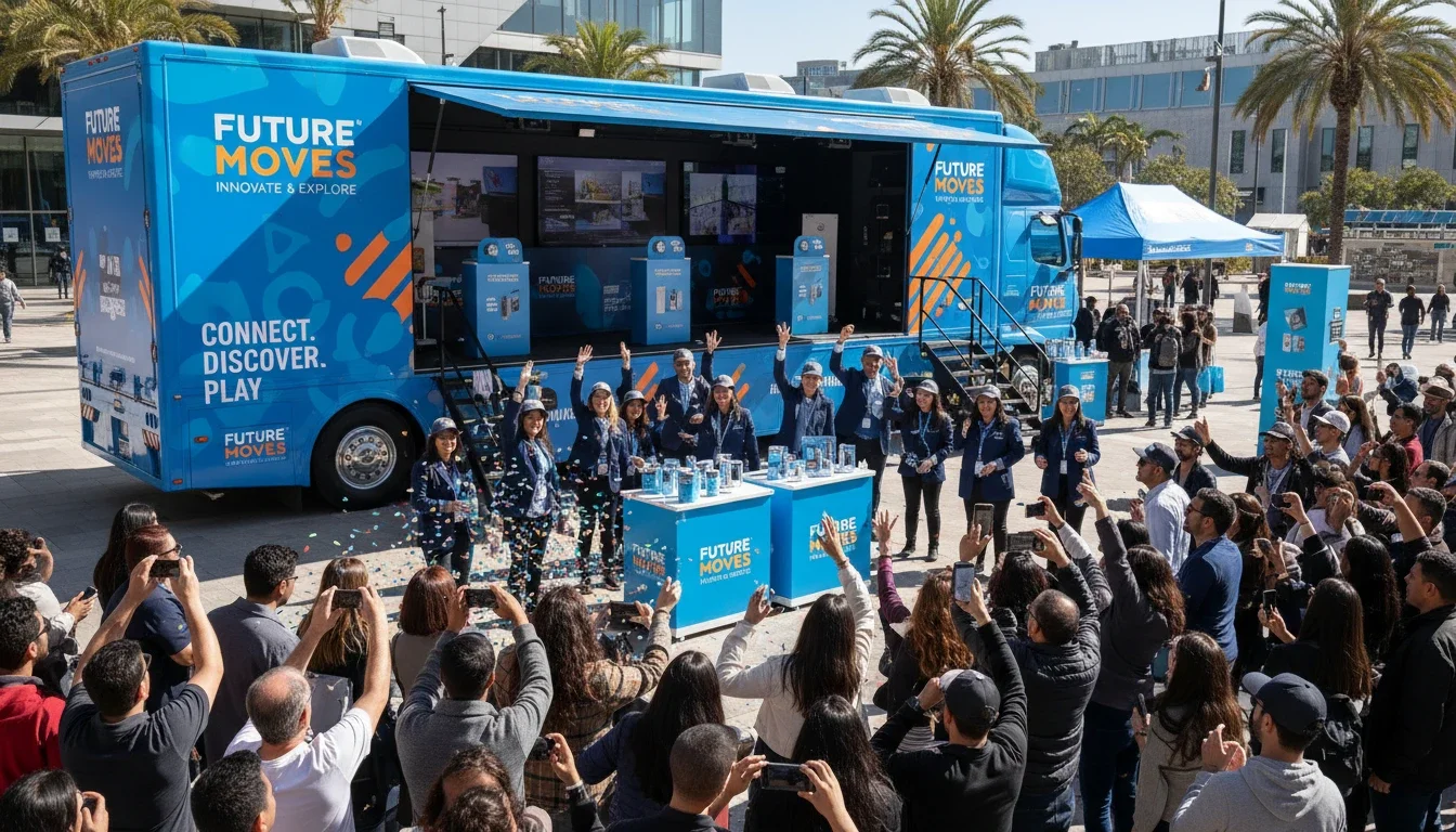 Mobile marketing tour truck surrounded by brand ambassadors at a consumer activation