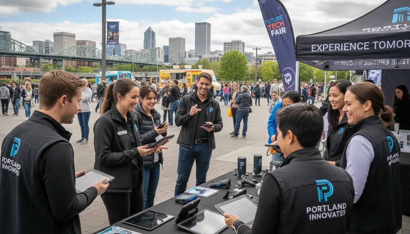 Professional promotional staff engaging attendees at a Portland product demonstration