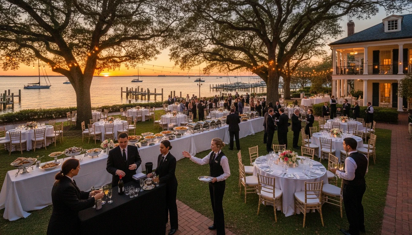 Event coordinator and professional staff managing a large outdoor reception at Charleston waterfront venue