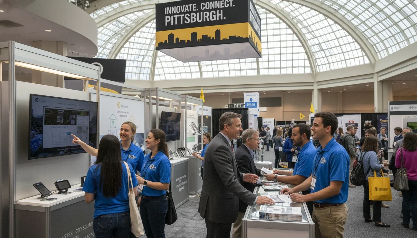 Professional trade show booth staff engaging attendees at a Pittsburgh convention