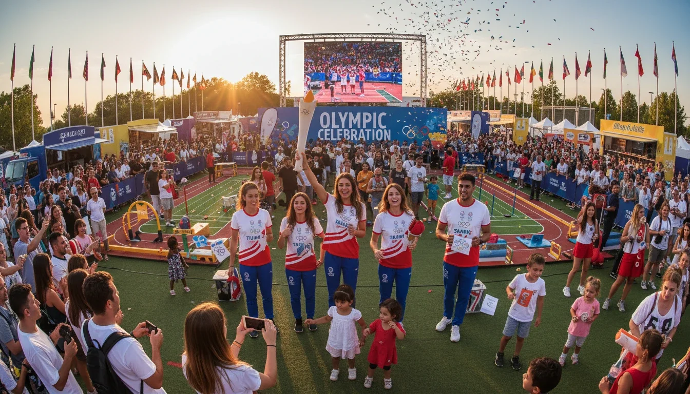 Event staff brand ambassadors engaging fans at an Olympic fan zone activation
