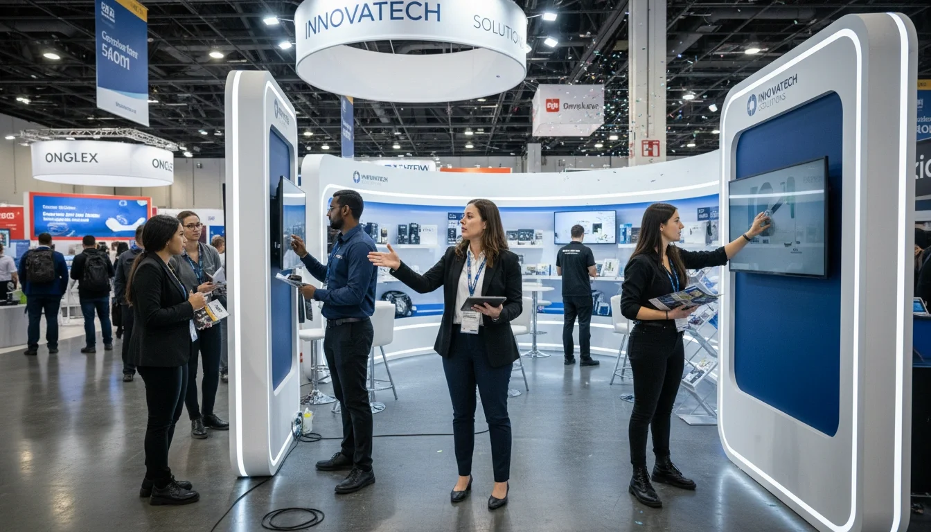 Event supervisor managing booth staff during a busy trade show day