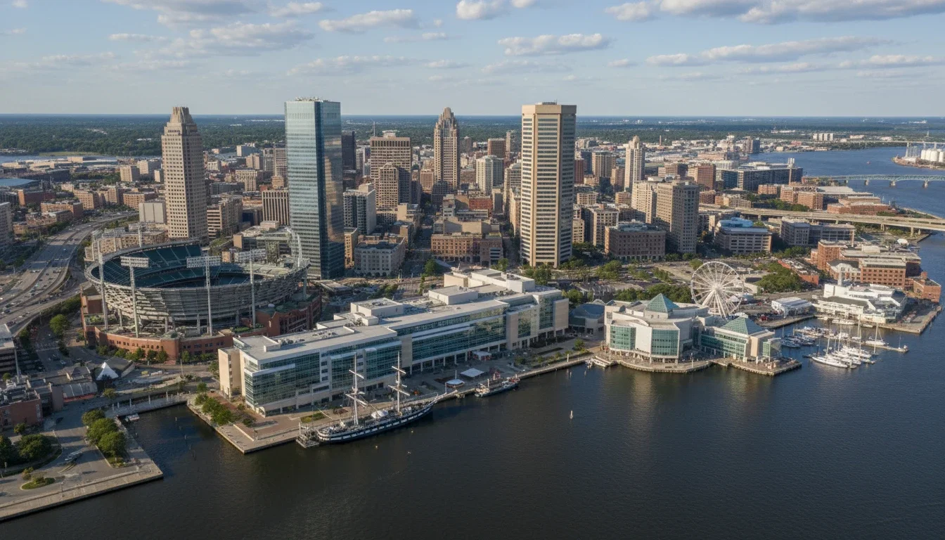Baltimore Inner Harbor corporate event venue district aerial view