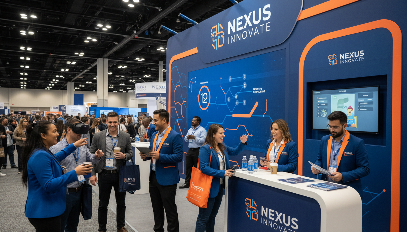 Professional event staff engaging convention attendees at a brand activation booth