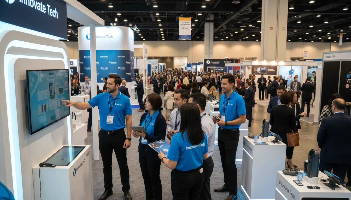 Professional trade show booth staff engaging attendees on a busy convention floor