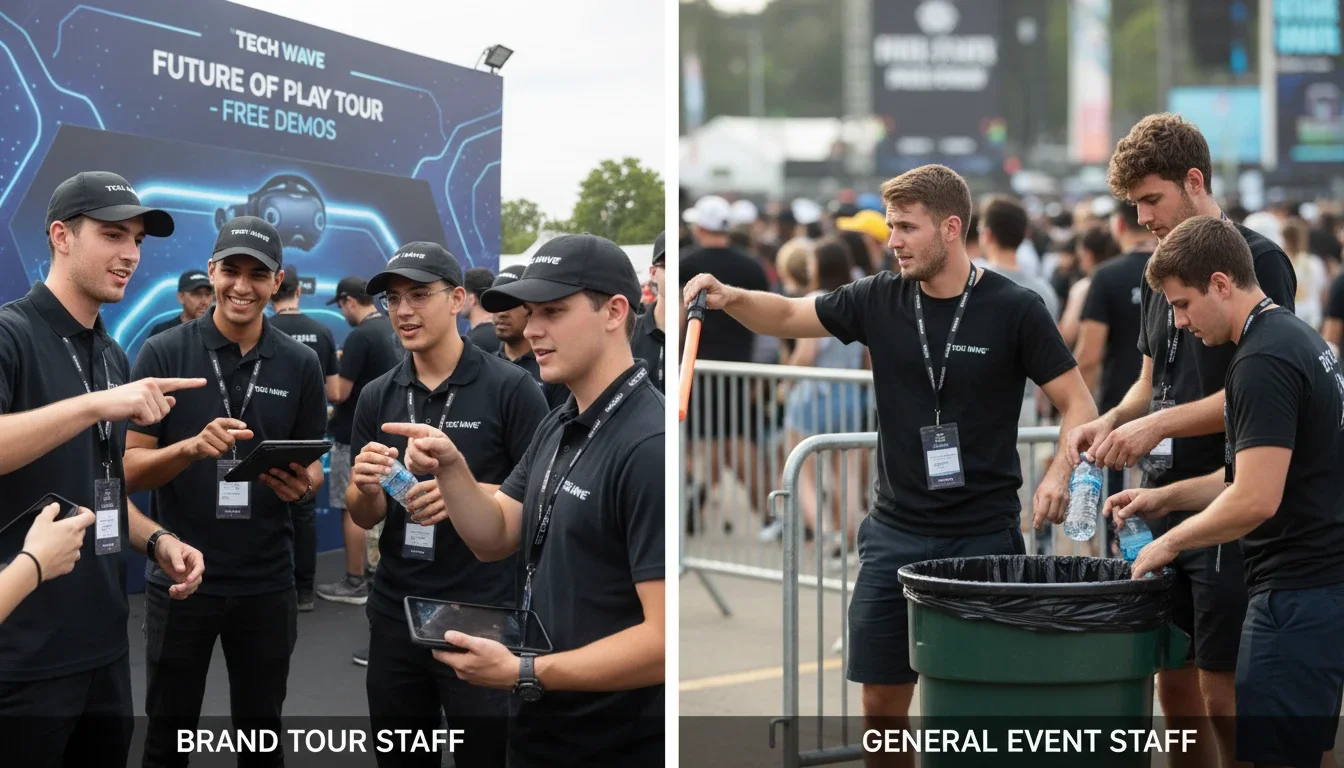 Side-by-side comparison of brand tour vs general event staff in action