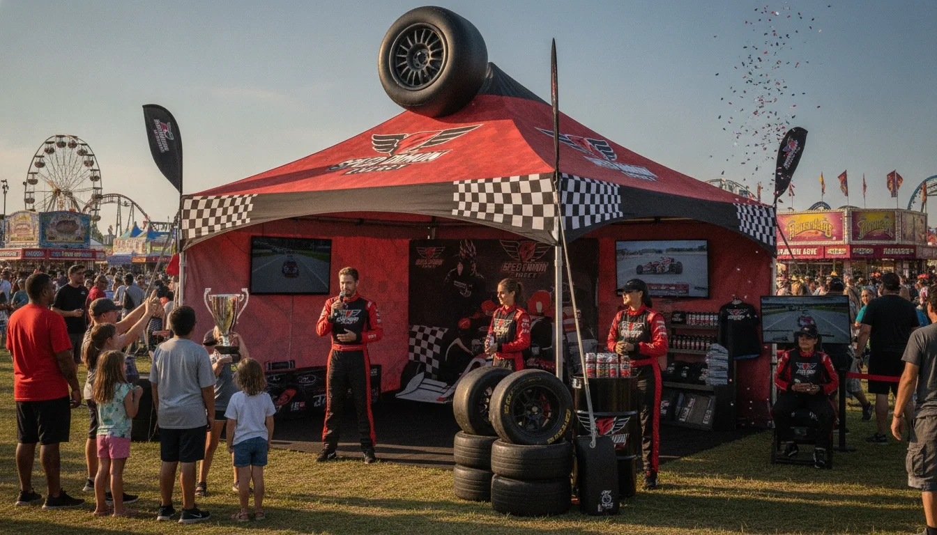A branded activation tent at a state fair with motorsport-themed décor, brand ambassadors engaging visitors, and race-day energy in an outdoor festival setting