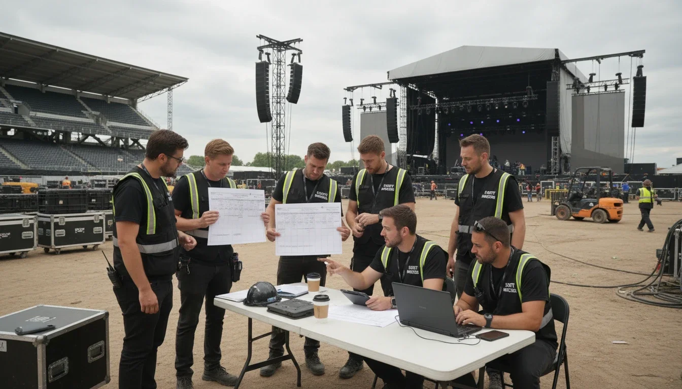 event production team on site at venue reviewing production schedule