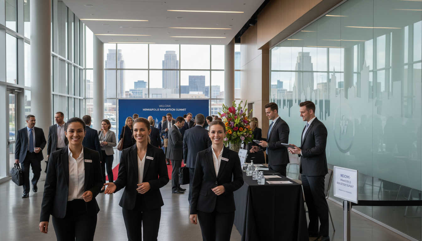 Professional event staff greeting guests at a Minneapolis corporate event