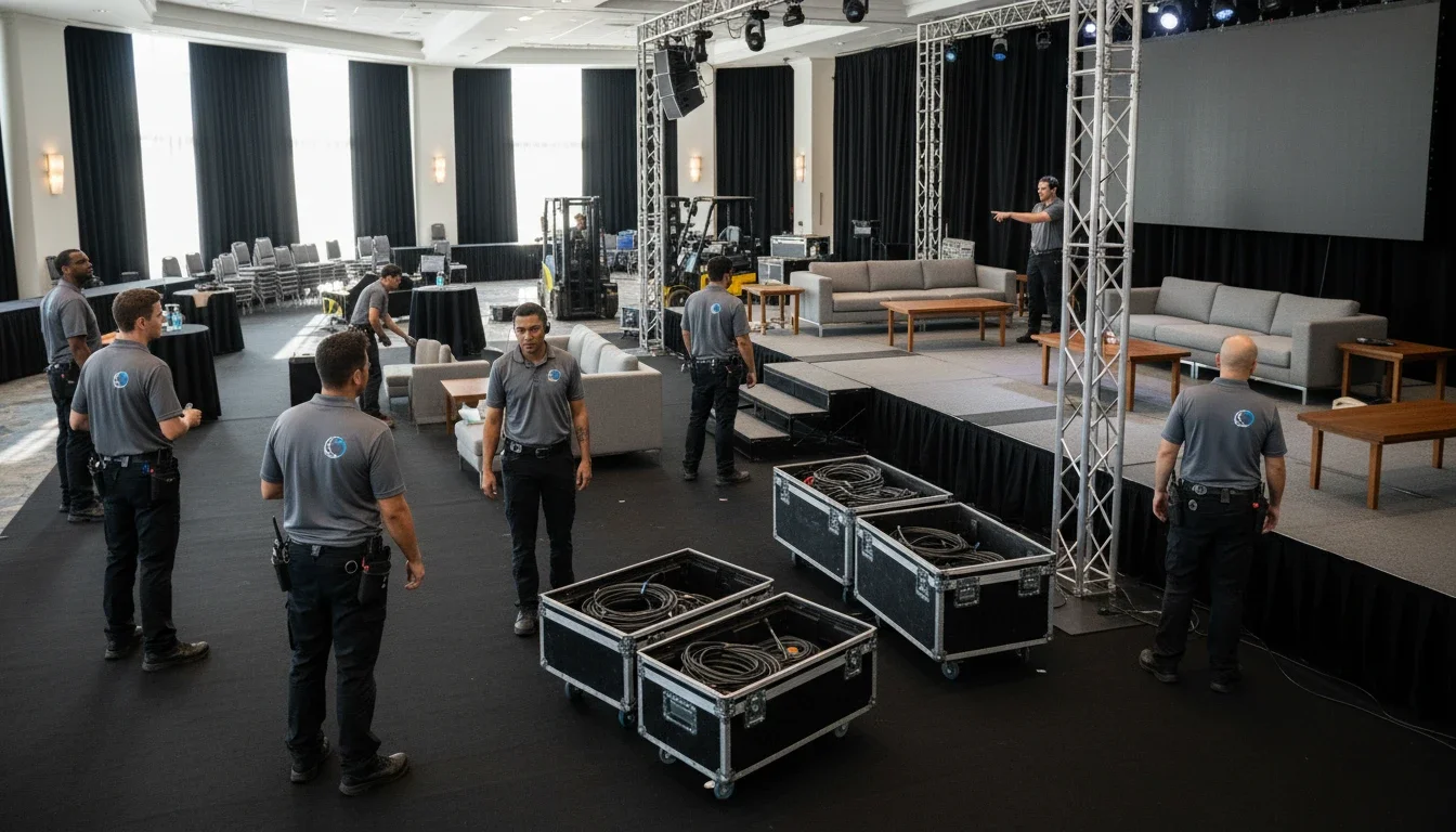 event production assistant team coordinating setup at corporate event venue