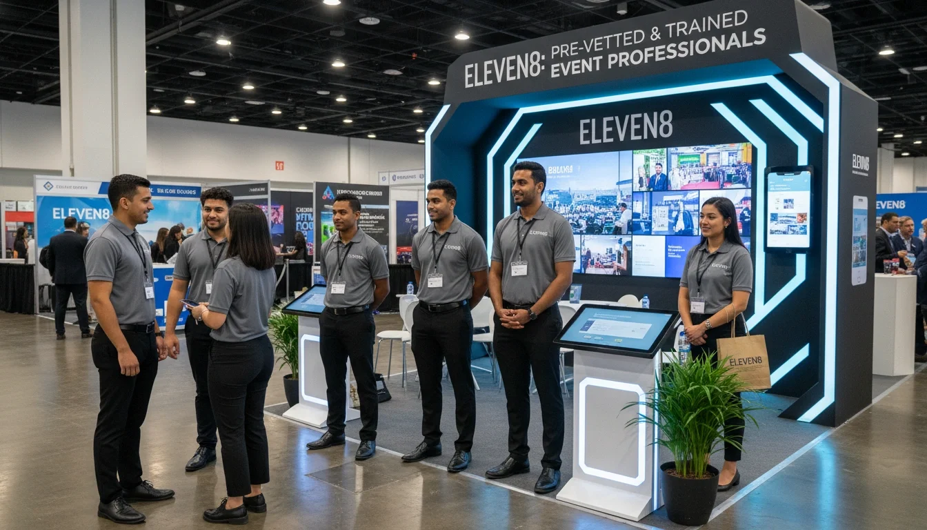 Eleven8 event staff at a brand activation — agencies provide pre-vetted, trained professionals rather than general available workers.