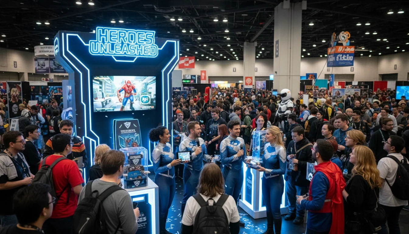Professional brand ambassadors engaging convention attendees at a pop culture event activation booth