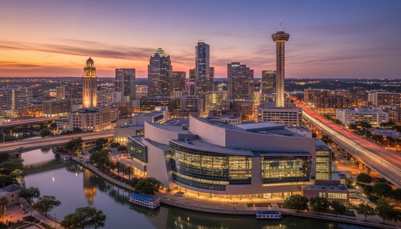 Downtown San Antonio skyline with the Henry B. González Convention Center in the foreground