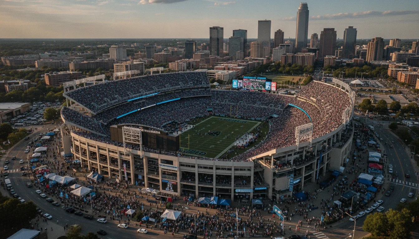 Aerial view of Bank of America Stadium during a packed event day in Charlotte, NC