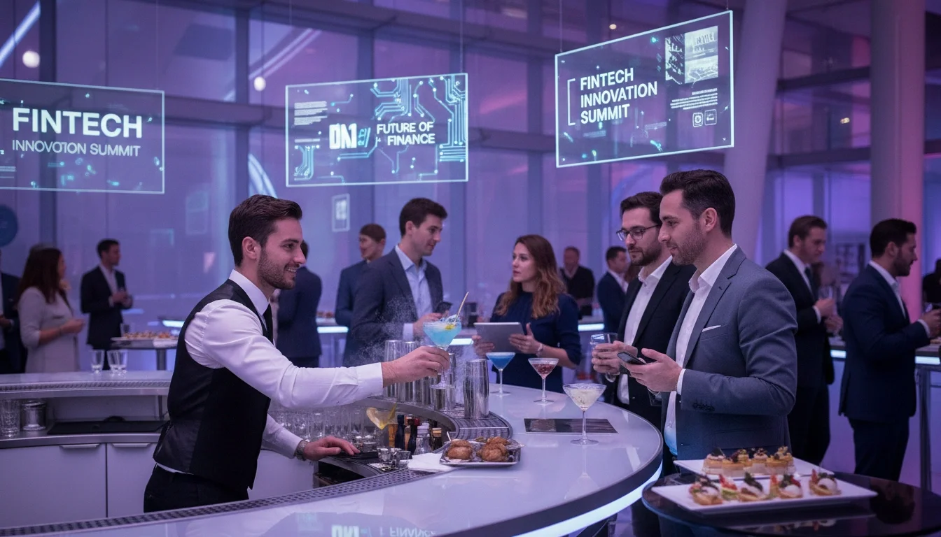 Professional bartender serving guests at a VIP fintech summit reception