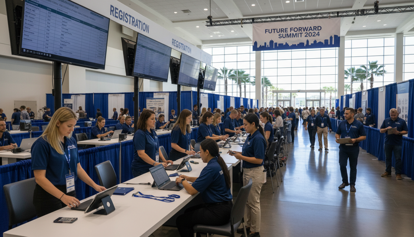 Professional event staff managing registration at a Tampa Bay convention
