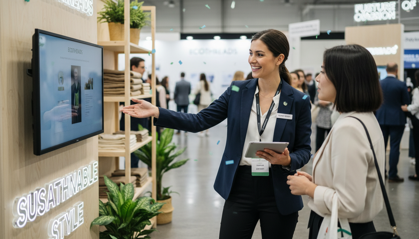 A confident, professionally dressed retail temp assisting a customer at a brand activation event