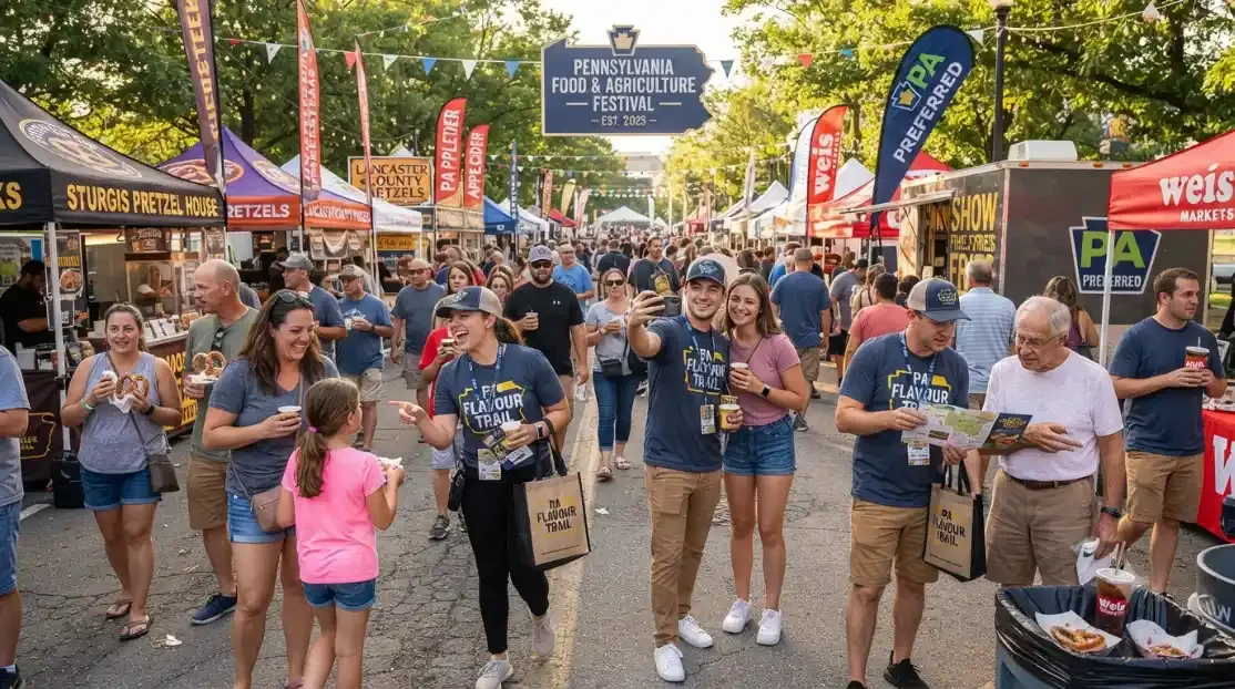 Street team brand ambassadors engage festival-goers along an outdoor vendor corridor at a Pennsylvania food festival