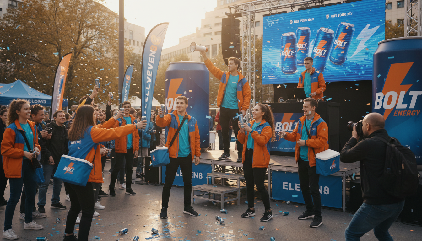 Eleven8's street team executing a high-energy product sampling activation for a national brand