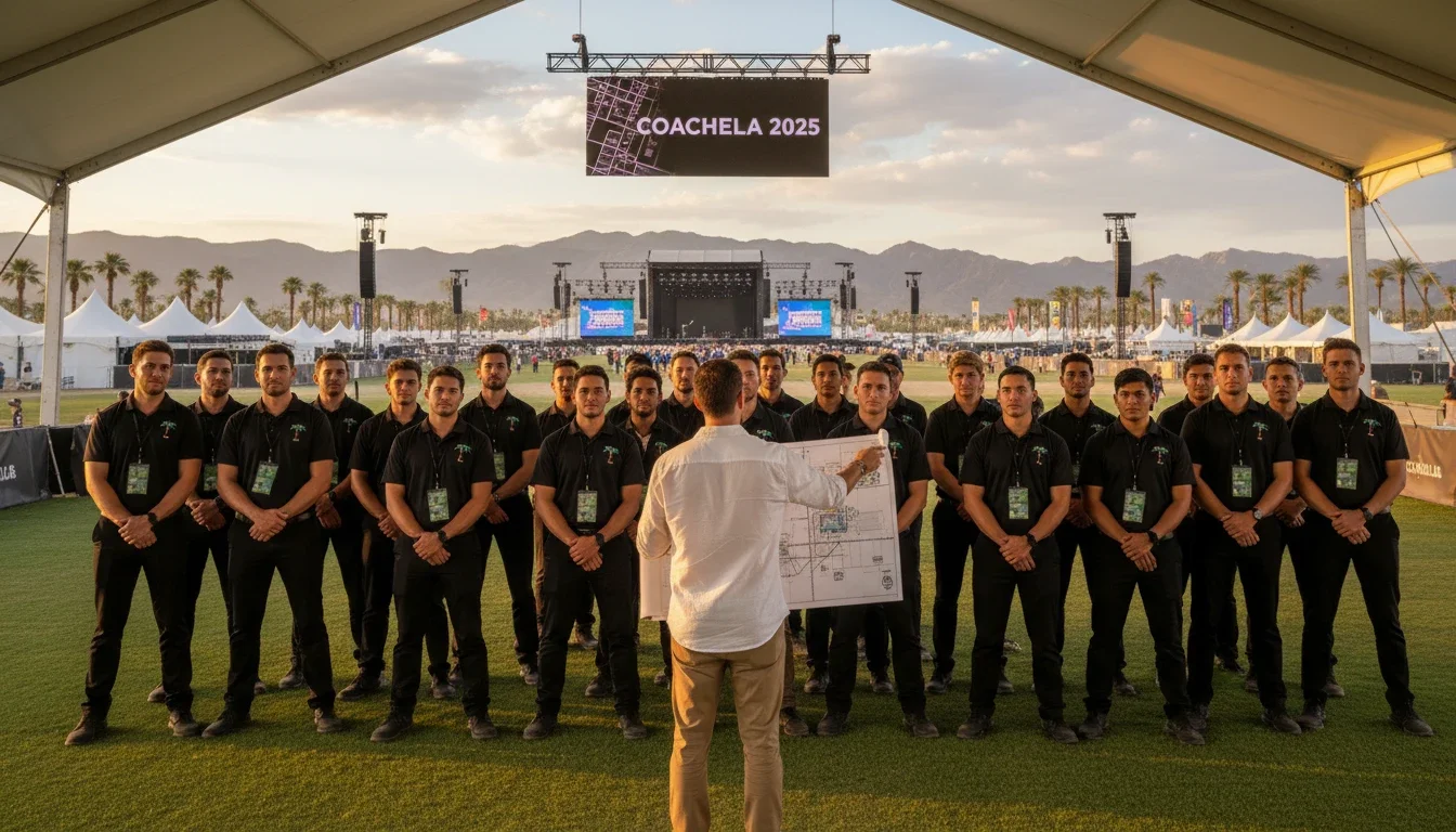 Professional event staffing team briefed and ready for a large event in Indio, California