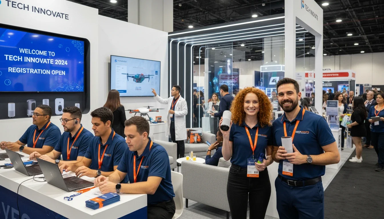 Different trade show staff roles — from brand ambassadors to registration teams — working at a convention booth