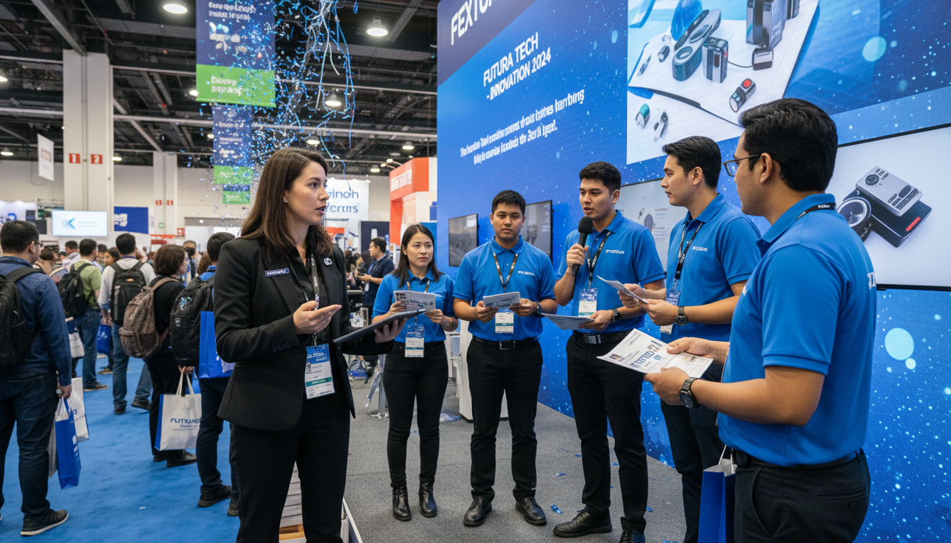 Event captain overseeing brand activation staff during active show floor hours