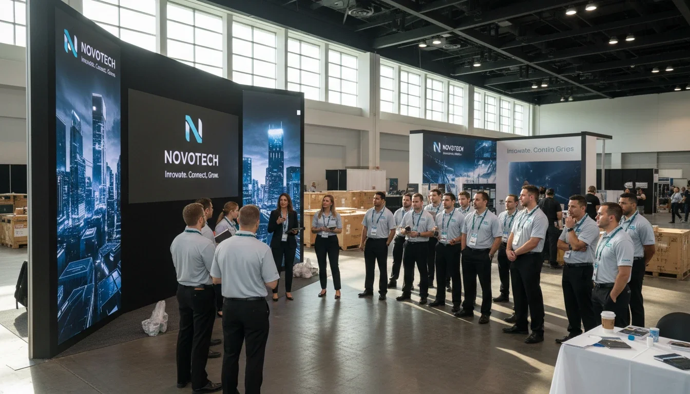 Trade show staff receiving a pre-show brand briefing before the exhibit floor opens