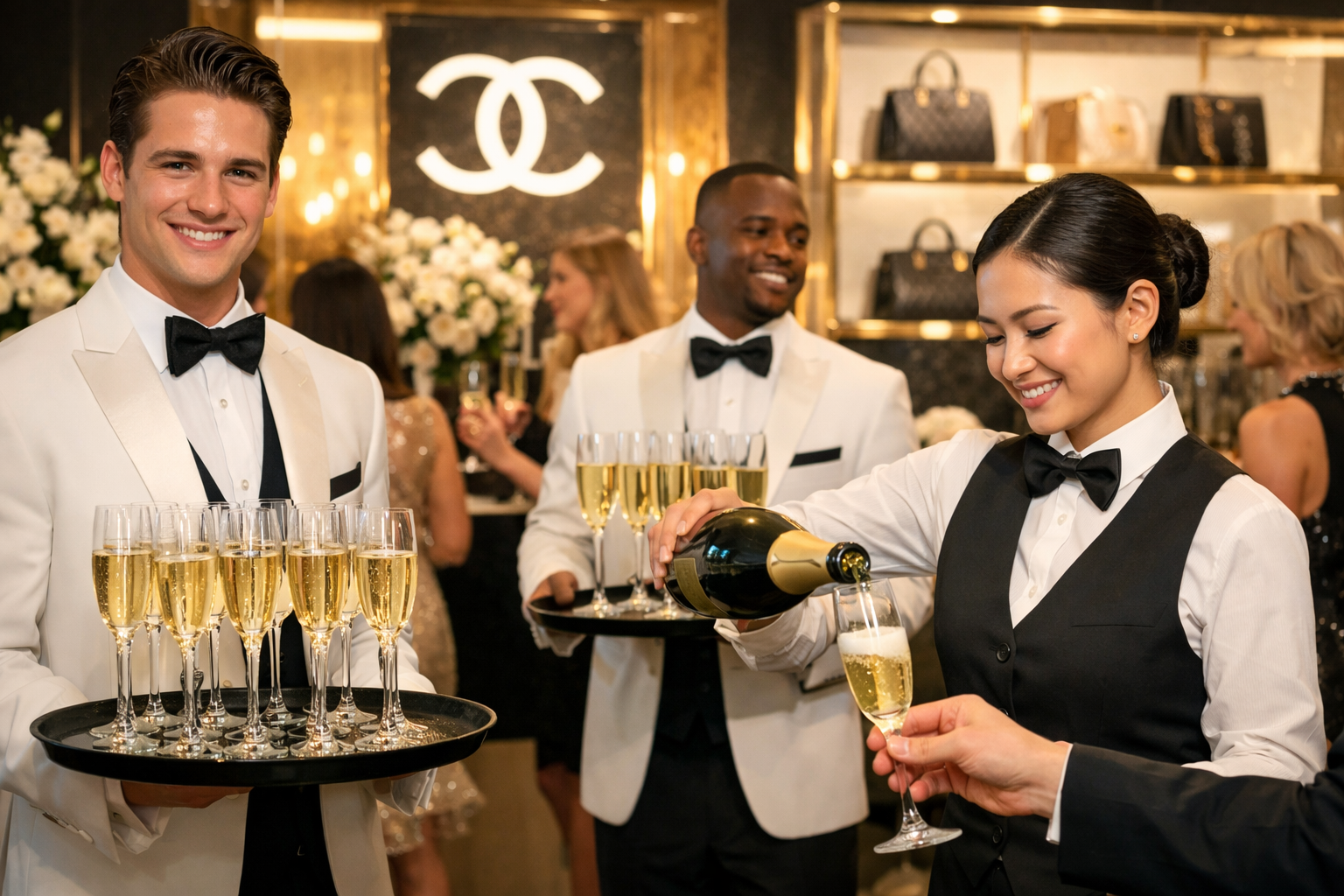 Professional hospitality staff serving champagne at a luxury brand activation