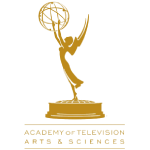 Gold figurine of the Emmy Awards logo featuring a winged woman holding an atom above the text "Academy of Television Arts & Sciences."