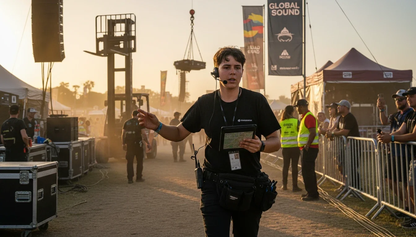 A production assistant handling on-site logistics during an event